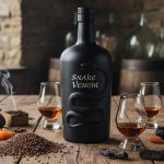 Bouteille de Snake Venom sur une table en bois avec des verres de dégustation et des ingrédients.