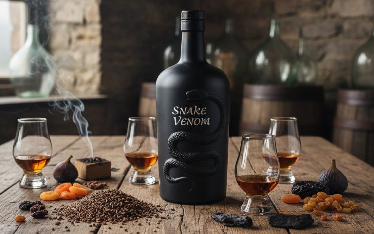 Bouteille de Snake Venom sur une table en bois avec des verres de dégustation et des ingrédients.