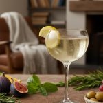 Verre de Martini Bianco avec citron, herbes et fruits en arrière-plan.