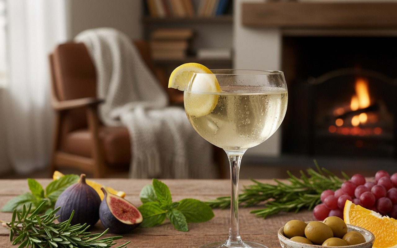 Verre de Martini Bianco avec citron, herbes et fruits en arrière-plan.