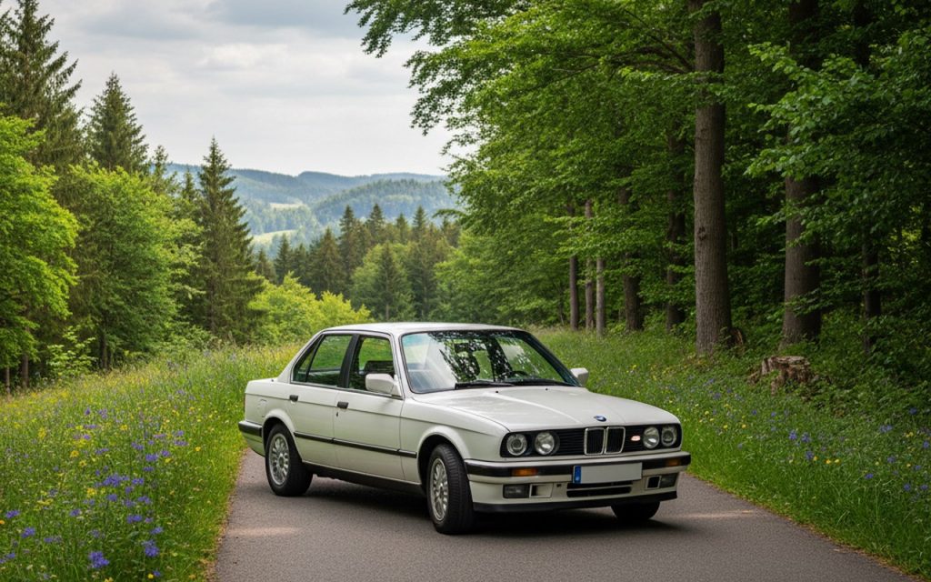 BMW E30 sur une route pittoresque, symbole d'une époque automobile emblématique.