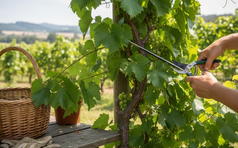 Jardinier prélevant des boutures de vigne avec des sarments sains.