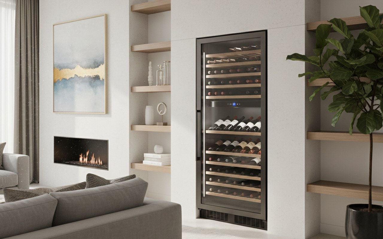 Cave à vin Klarstein intégrée dans un intérieur moderne avec des bouteilles de vin visibles.