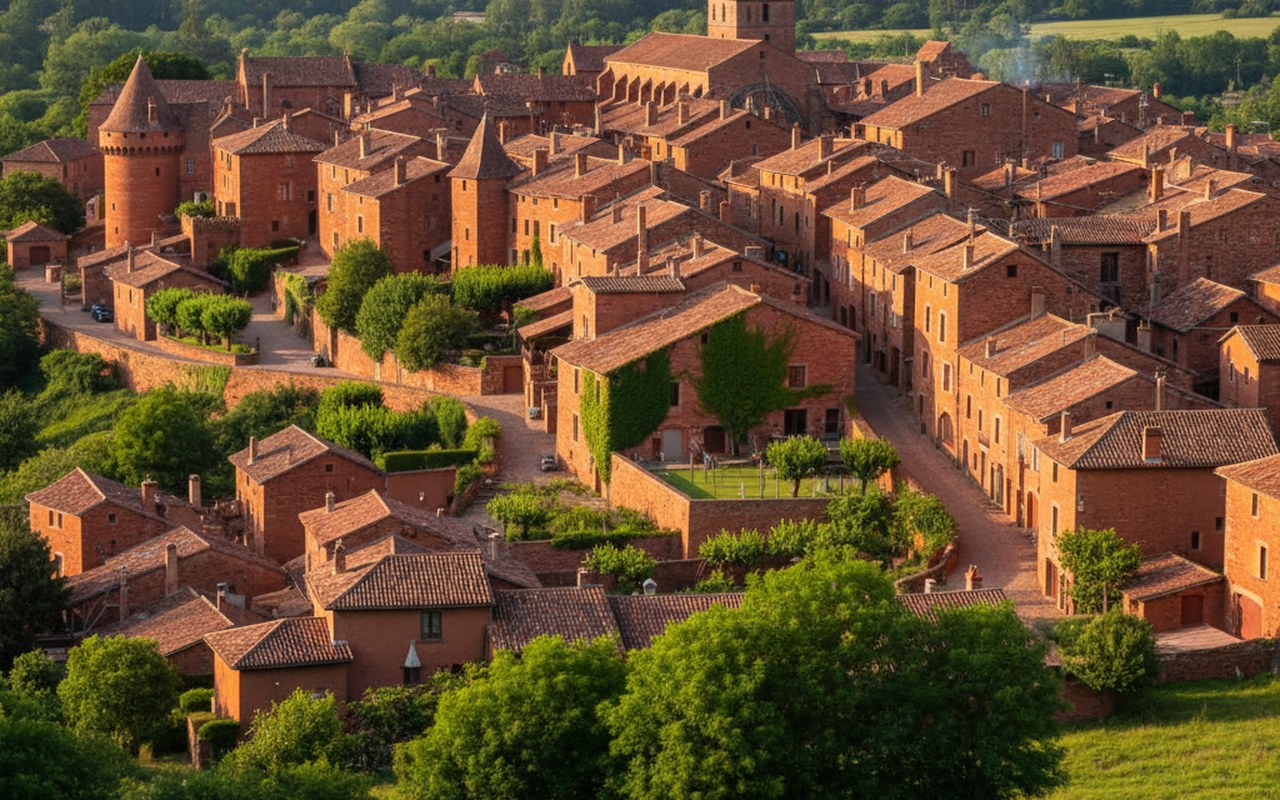 Vue de Collonges-la-Rouge avec ses maisons en grès rouge et ruelles pittoresques.