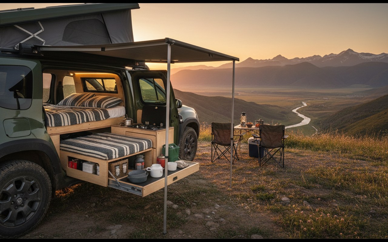 Camping-car Dacia modulaire en pleine nature, illustrant le concept de vanlife.
