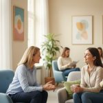 Une psychiatre interagissant avec un patient dans un institut psychiatrique lumineux.