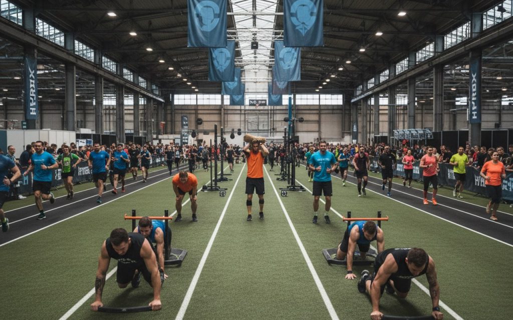 Athlètes en compétition à l'HYROX Paris, alternant course et stations d'entraînement fonctionnel.