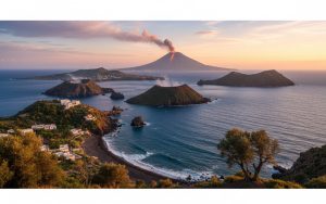 Panorama des îles Éoliennes avec le volcan Stromboli en arrière-plan