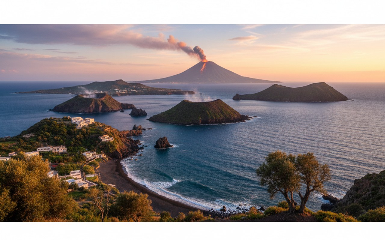 Panorama des îles Éoliennes avec le volcan Stromboli en arrière-plan