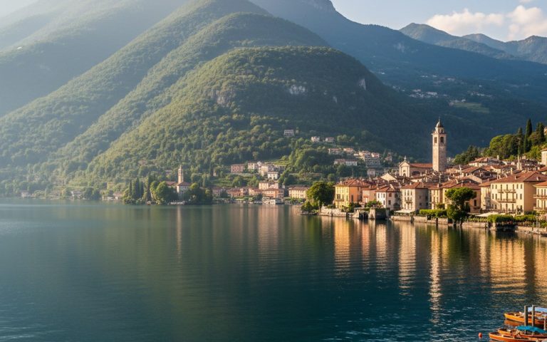 Vue pittoresque du lac d'Orta avec le village d'Orta San Giulio et des montagnes verdoyantes.