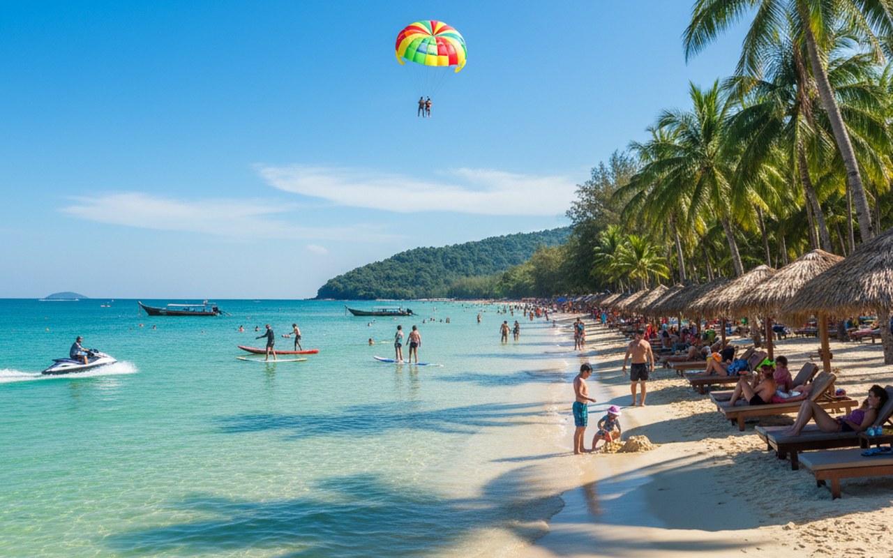 Plage de Chaweng à Koh Samui, ambiance animée avec baigneurs et activités nautiques.