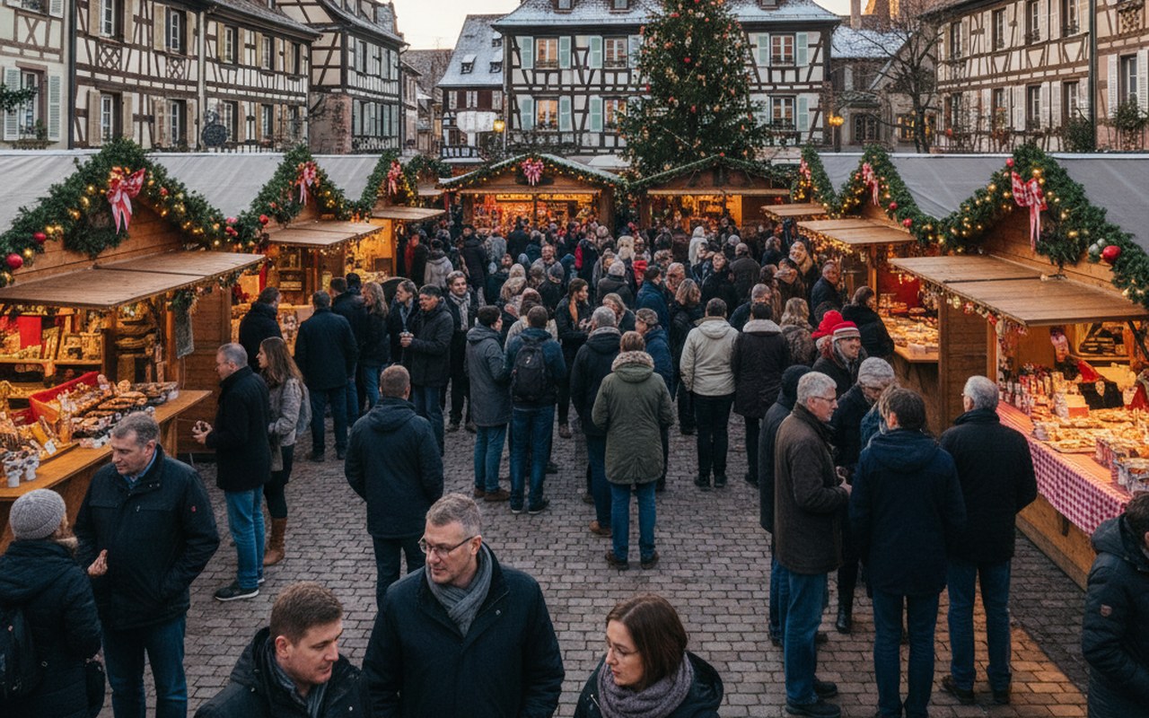 Marché de Noël en Alsace avec stands illuminés et visiteurs dégustant des spécialités locales.