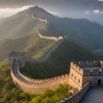 Vue panoramique de la Grande Muraille de Chine avec des montagnes en arrière-plan.