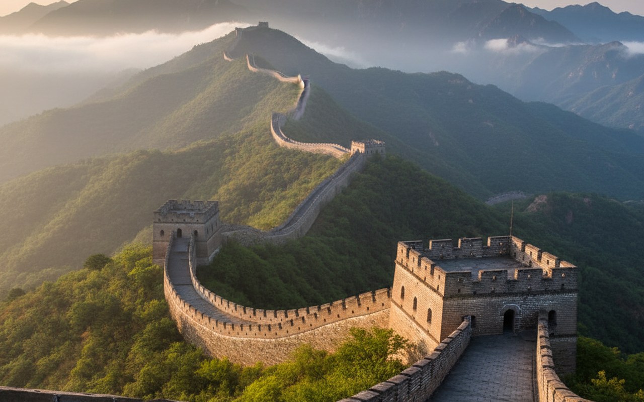 Vue panoramique de la Grande Muraille de Chine avec des montagnes en arrière-plan.