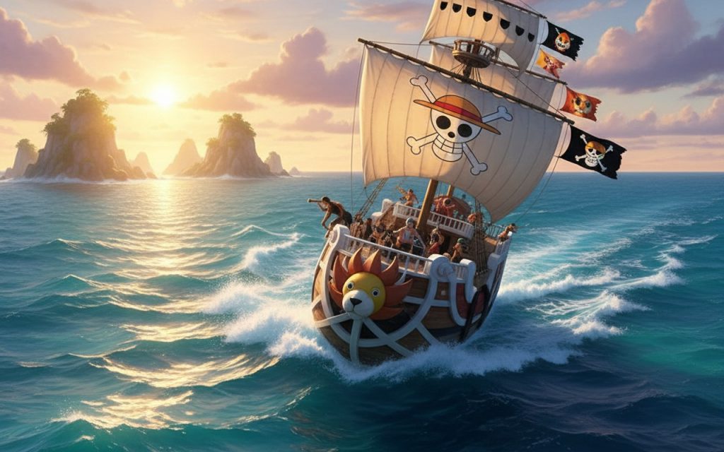 L'équipage du Chapeau de Paille naviguant sur le Thousand Sunny en mer.
