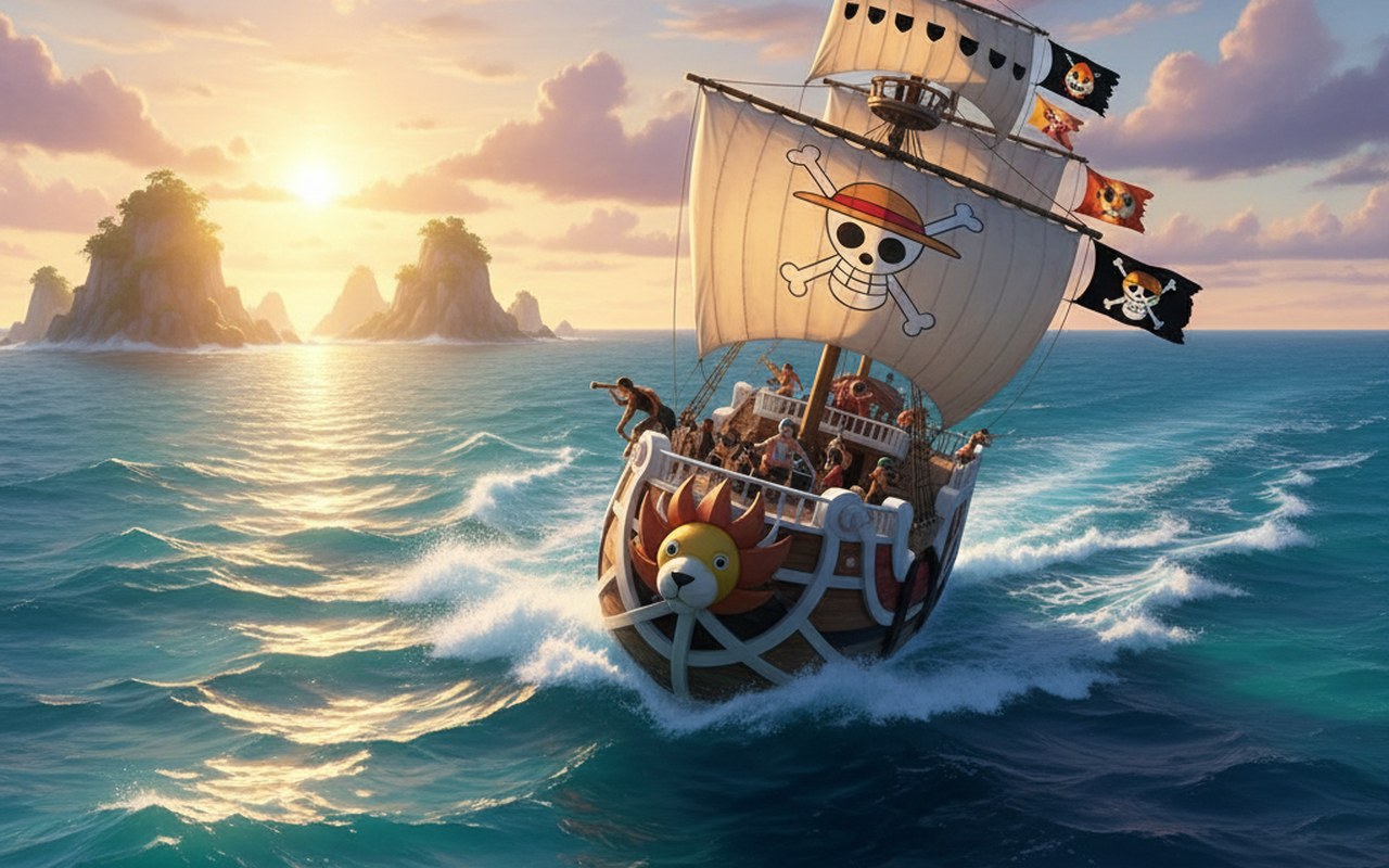 L'équipage du Chapeau de Paille naviguant sur le Thousand Sunny en mer.