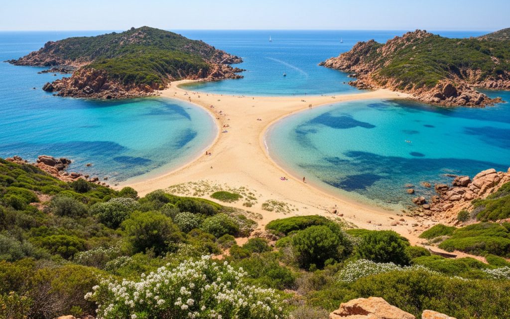 Plage de Rondinara en Corse avec son tombolo et ses eaux cristallines