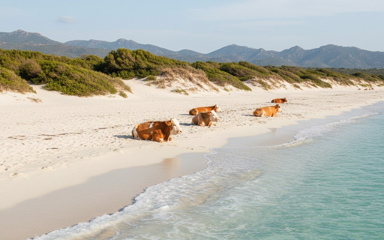 Plage Saleccia en Corse, sable blanc et eaux turquoise, vaches corses sur le sable.
