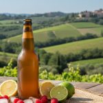 Bouteille de Tourtel Twist sans alcool entourée de fruits frais en été.