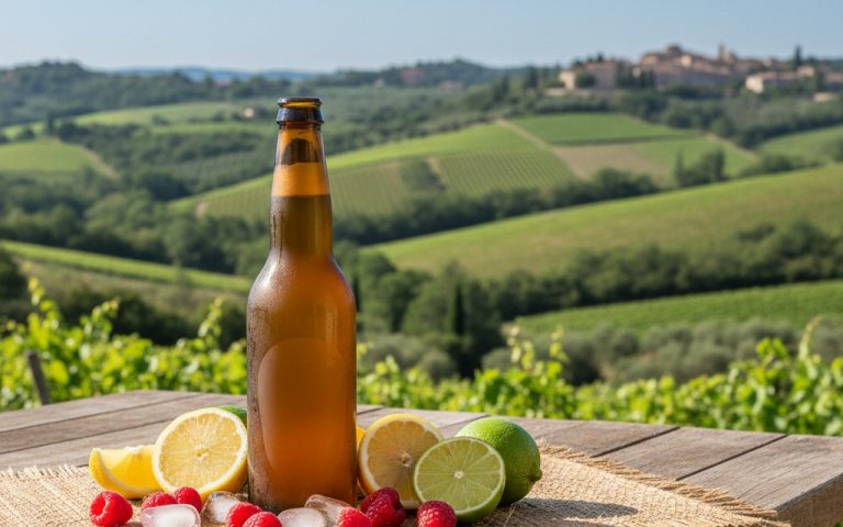 Bouteille de Tourtel Twist sans alcool entourée de fruits frais en été.