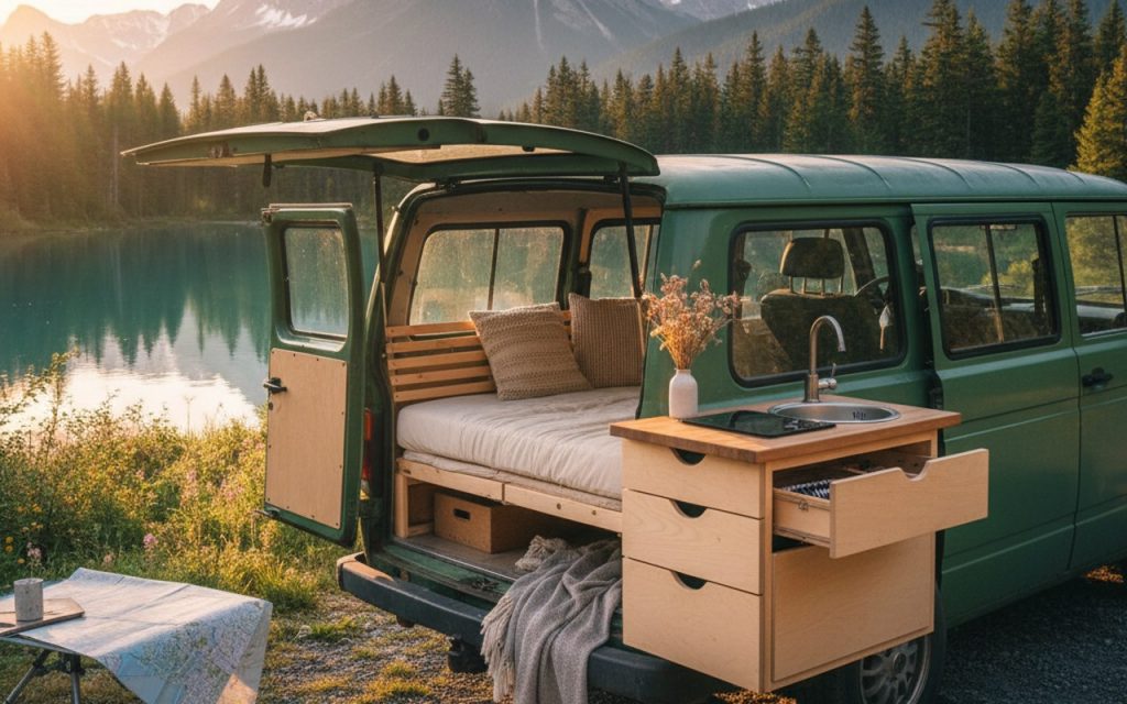Un van aménagé dans un cadre naturel, mettant en avant son aménagement intérieur fonctionnel.