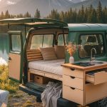 Un van aménagé dans un cadre naturel, mettant en avant son aménagement intérieur fonctionnel.