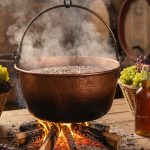 Chaudron en cuivre avec moût de raisin en cuisson, symbole du vin cuit provençal.