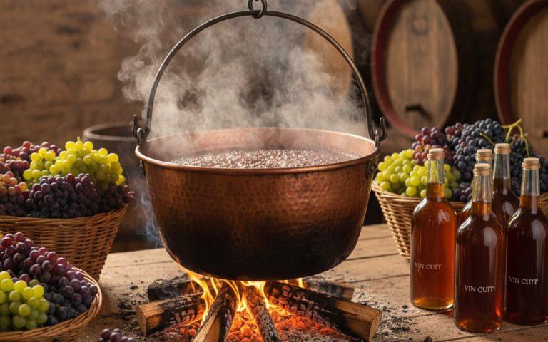 Chaudron en cuivre avec moût de raisin en cuisson, symbole du vin cuit provençal.