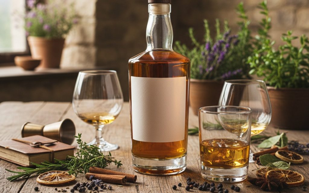 Bouteille de whisky sans alcool sur une table en bois avec des ingrédients naturels.