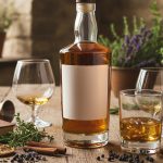 Bouteille de whisky sans alcool sur une table en bois avec des ingrédients naturels.