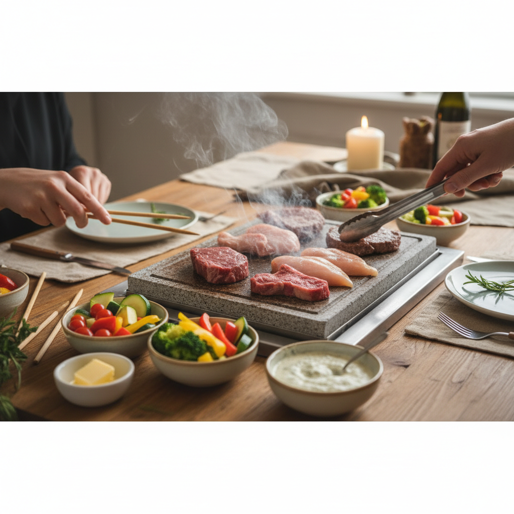 Illustration réaliste sur Pierrade recette cétogène : un repas convivial riche en protéines