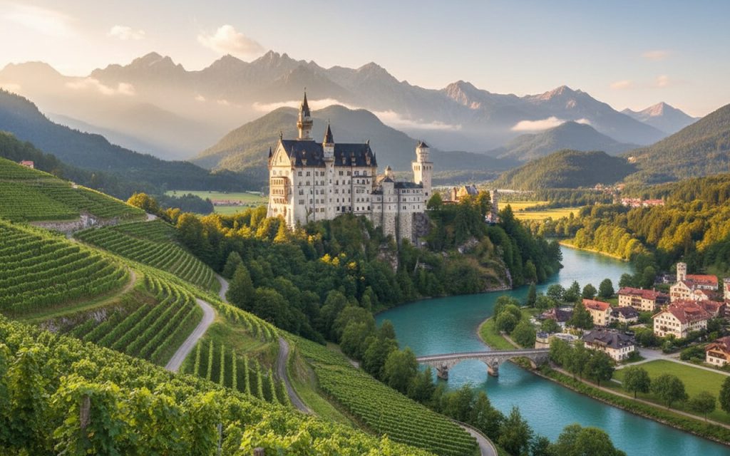Paysage bavarois avec montagnes, château et vignobles en Allemagne.
