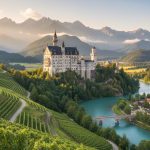 Paysage bavarois avec montagnes, château et vignobles en Allemagne.
