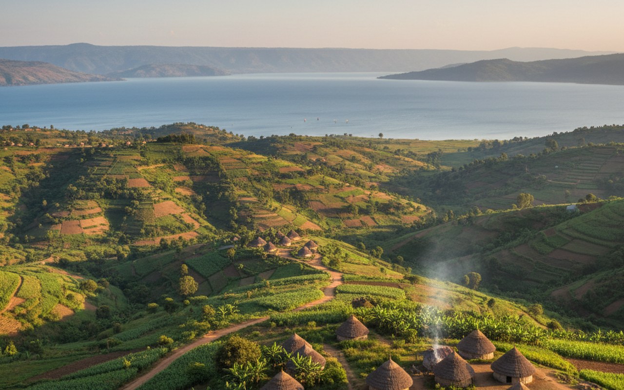 Paysage du Burundi avec hauts plateaux et Lac Tanganyika