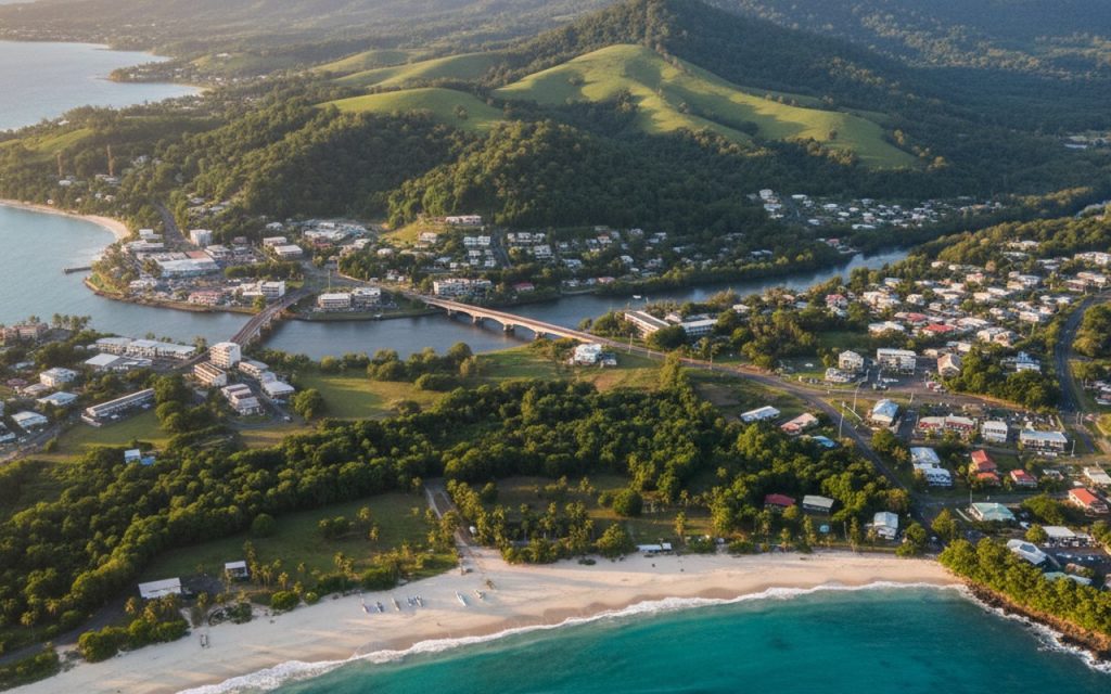 Panorama de Dumbéa, Nouvelle-Calédonie, entre plages et collines verdoyantes.