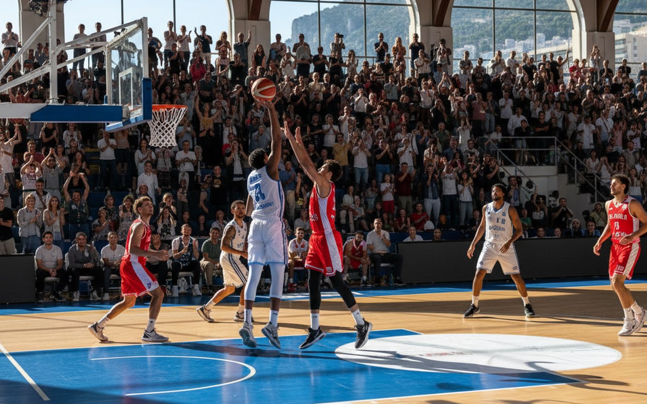 Match de basketball à Monaco avec des joueurs en action et des supporters passionnés.