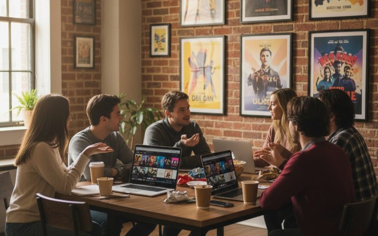Passionnés de cinéma discutant autour d'une table avec des affiches de films en arrière-plan.