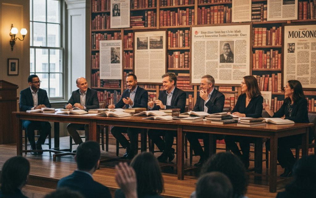 Débat public sur l'impact culturel d'Eleanor Patterson avec des experts et des livres en arrière-plan.