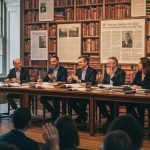 Débat public sur l'impact culturel d'Eleanor Patterson avec des experts et des livres en arrière-plan.