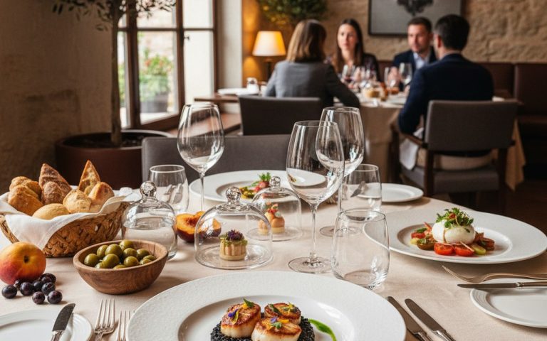 Table élégamment dressée avec des plats gastronomiques dans un restaurant étoilé à Gérone.