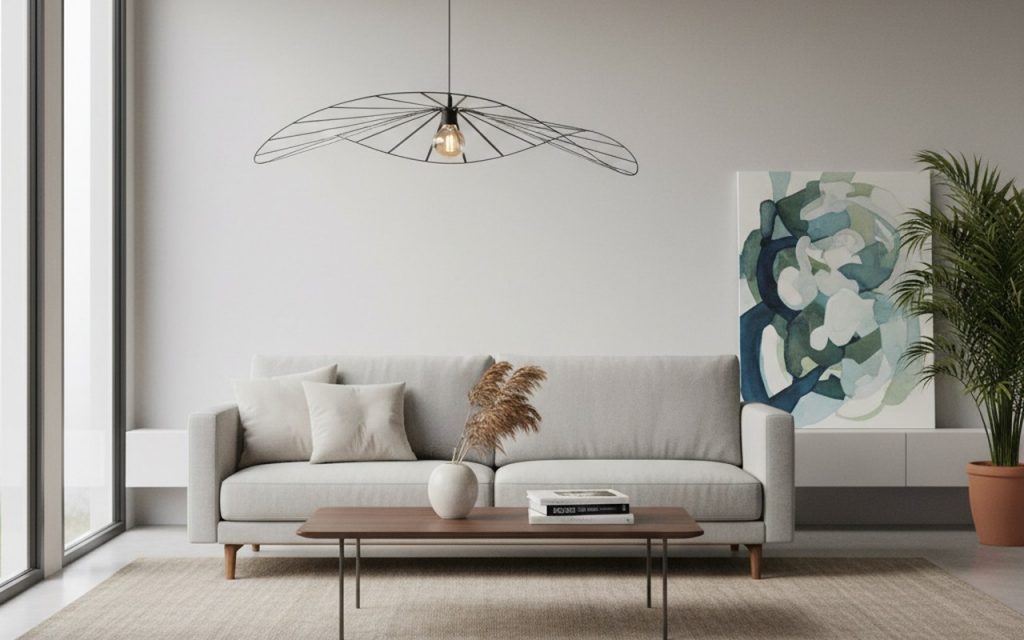 Intérieur moderne avec mobilier design Sklum Villalonga, canapé scandinave et luminaires contemporains.