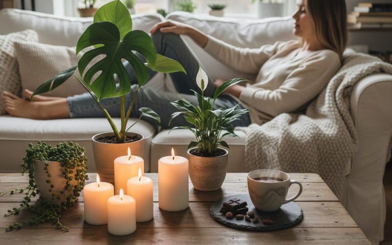 Une personne se relaxant avec un chocolat dans un cadre apaisant.